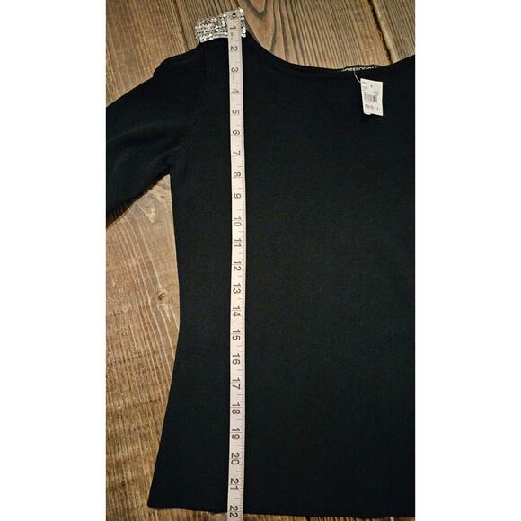 Vintage Y2K 90s Top Medium Black Nylon Spandex Ribbed Flare Cold Shoulder Sequin - Picture 10 of 10